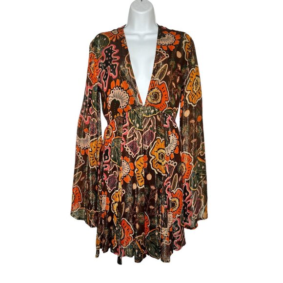 NWOT Sundress REVOLVE Maud Brown Mini Dress Retro Floral Flare Sleeve XS Tall - Picture 6 of 15